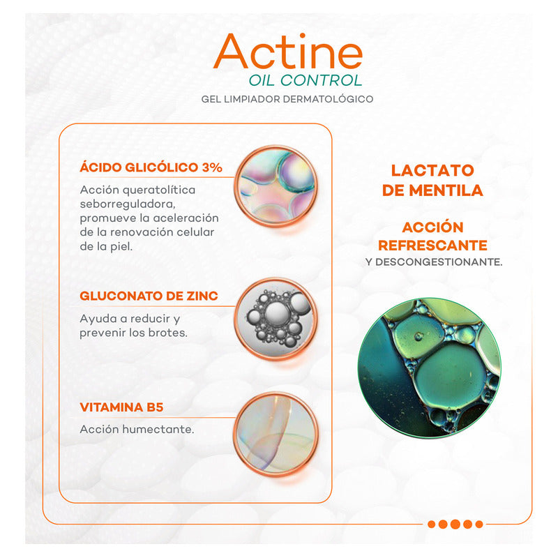 Actine Oil Control Gel Limpiador Dermatológico, Piel Mixta A Grasa, Control De Sebo Hasta 12h, 140 G