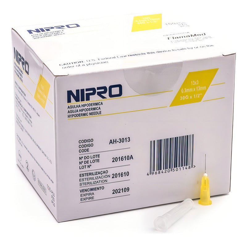 Aguja Hipodermica 30g X 1/2 (13mm) Caja Con 100 Pz Nipro Capacidad En Volumen 13 Ml
